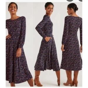 Boden Sasha Jersey Dress Navy Ditsy Floral Print Union Jack J0505 Size 14US/18UK